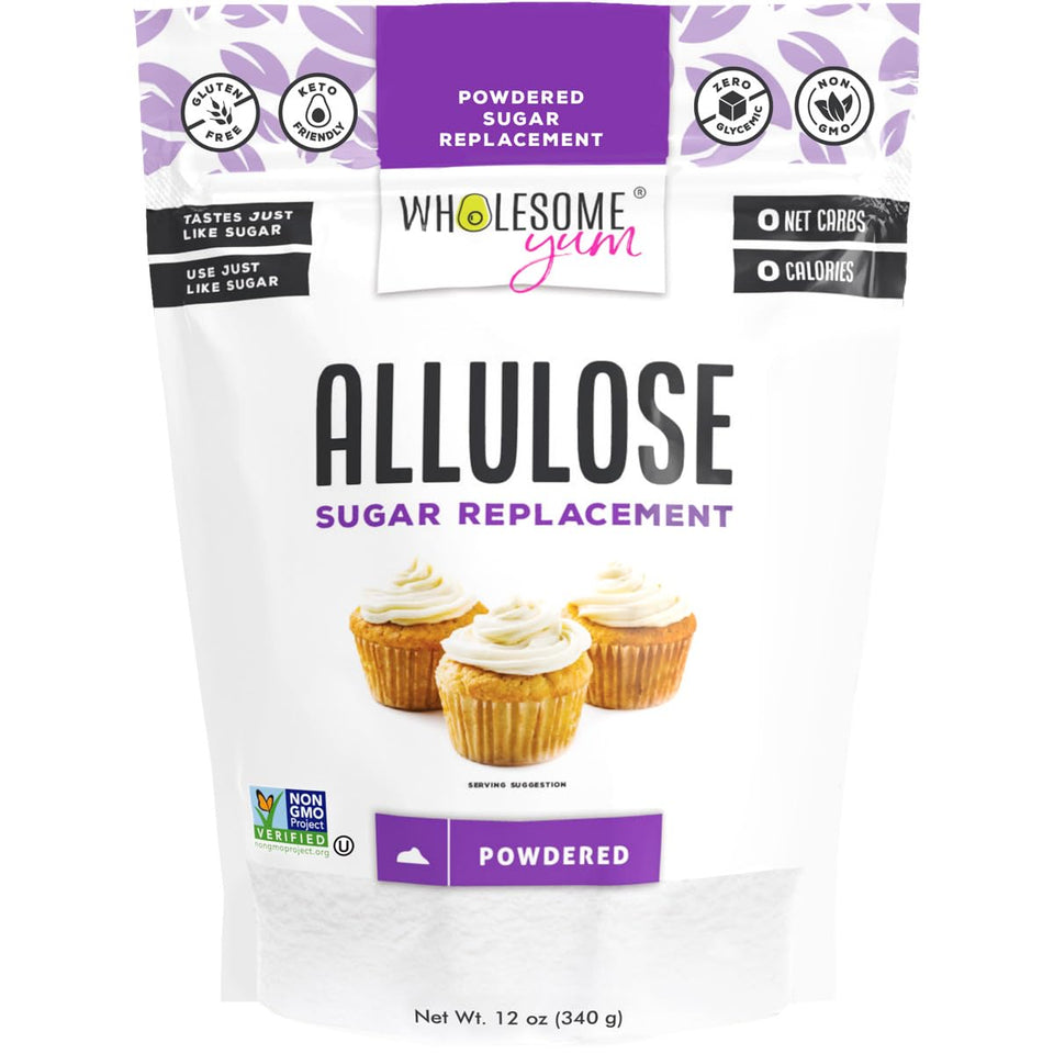 Wholesome Yum Powdered Allulose Sweetener pour shows zero calories for beverages.