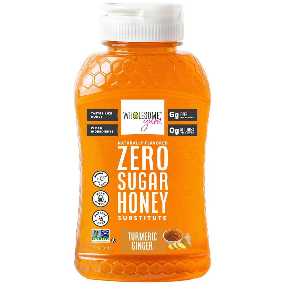 Wholesome Yum turmeric ginger honey substitute bottle pour, keto-friendly drizzle.