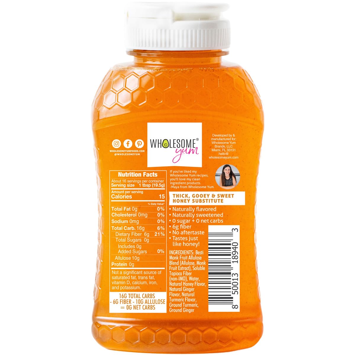 Wholesome Yum turmeric ginger honey substitute jar closeup shows natural ingredients.