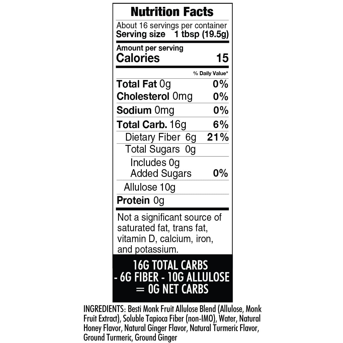 Wholesome Yum turmeric ginger honey substitute label view with keto-friendly claims.