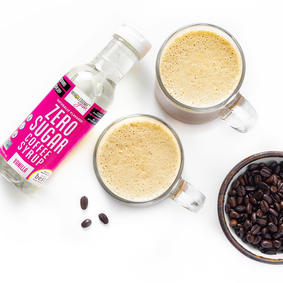 Wholesome Yum Zero Sugar Coffee Syrup vanilla on a kitchen counter invites flavorful beverages.