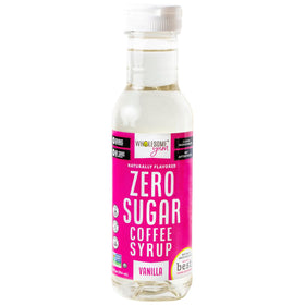 Wholesome Yum Zero Sugar Coffee Syrup vanilla bottle highlights zero calories and authentic vanilla aroma.