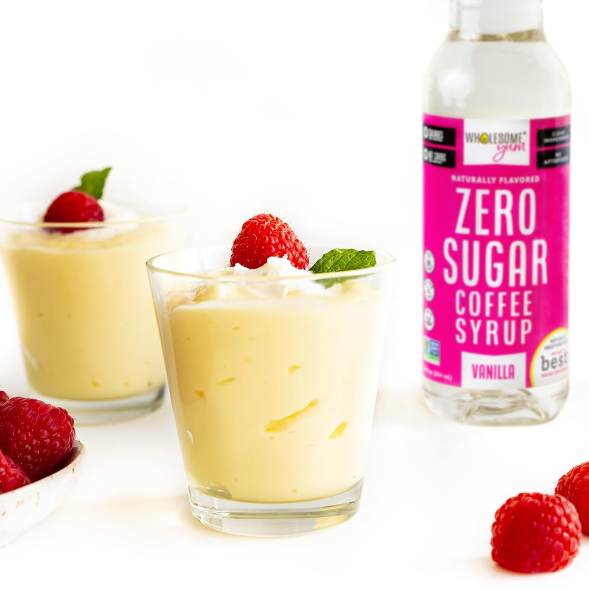 Wholesome Yum Zero Sugar Coffee Syrup vanilla ingredients highlight monk fruit and allulose blend.