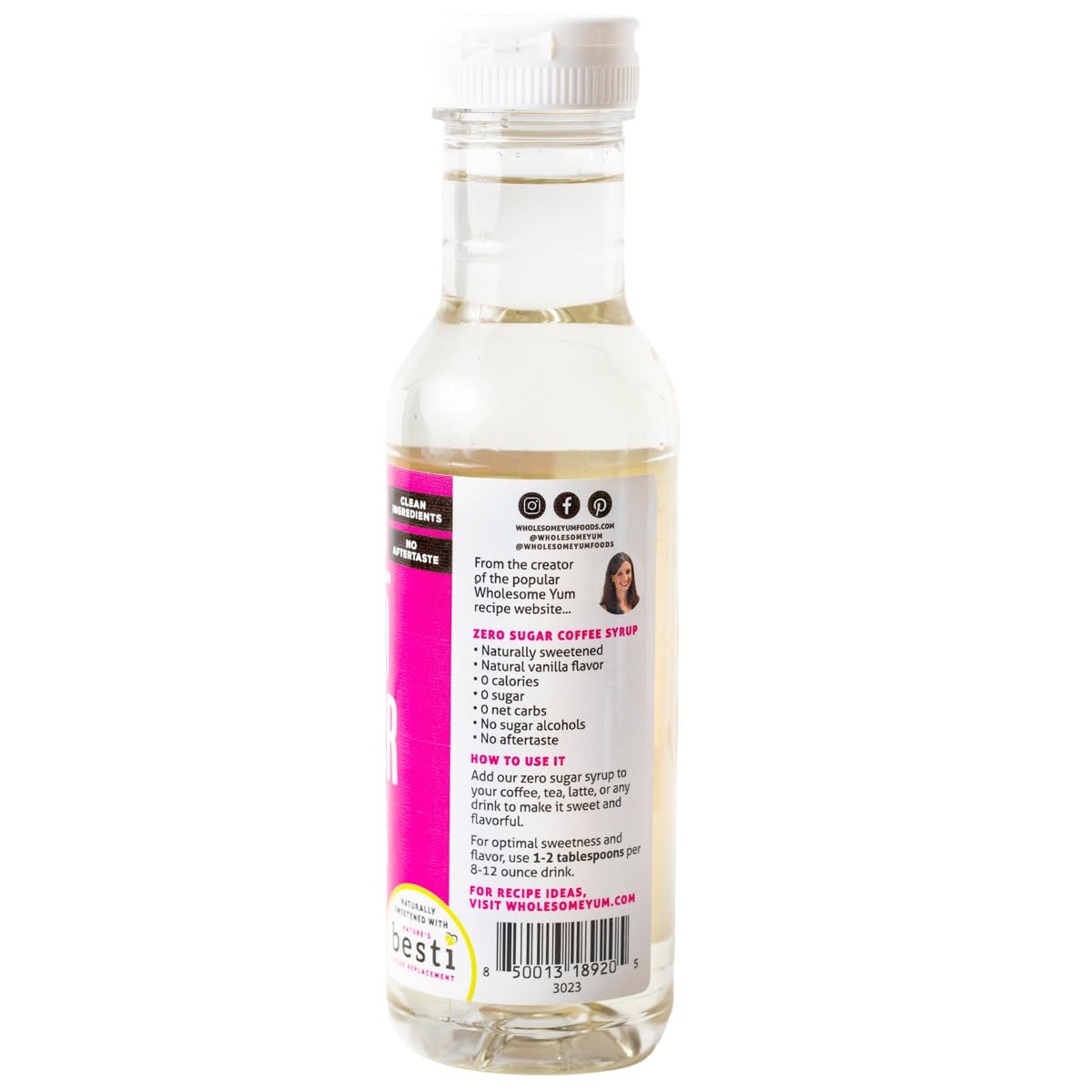 Wholesome Yum Zero Sugar Coffee Syrup vanilla pour demonstrates keto-friendly sweetness for hot or cold drinks.