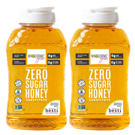 Wholesome Yum Zero Sugar Honey Substitute bottle shows thick honey-like texture for drinks