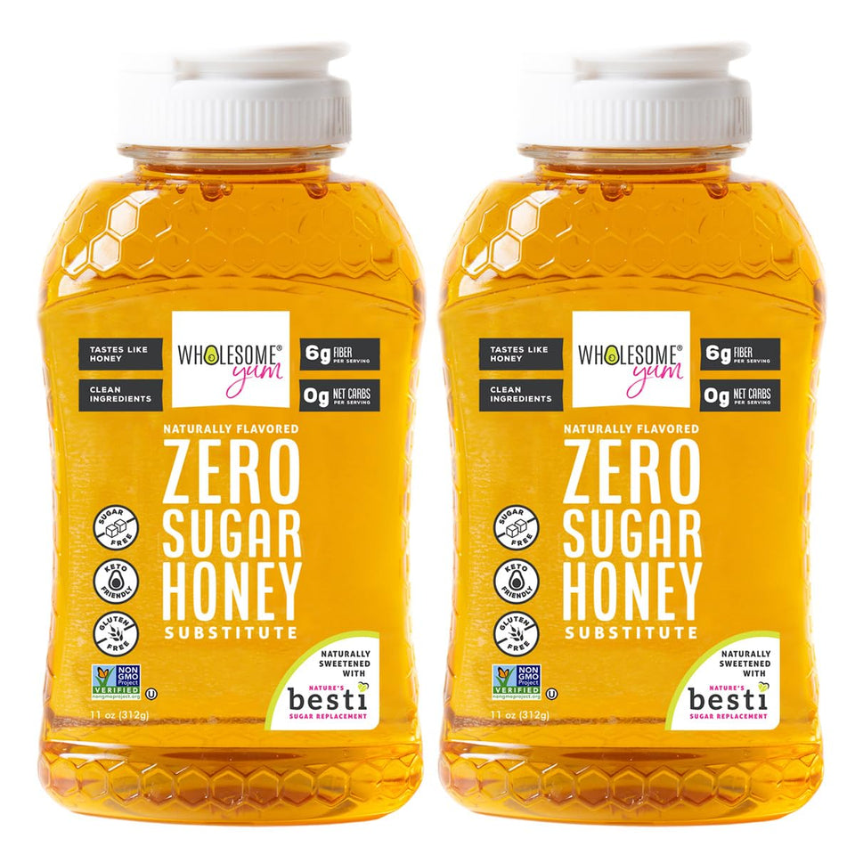 Wholesome Yum Zero Sugar Honey Substitute bottle shows thick honey-like texture for drinks