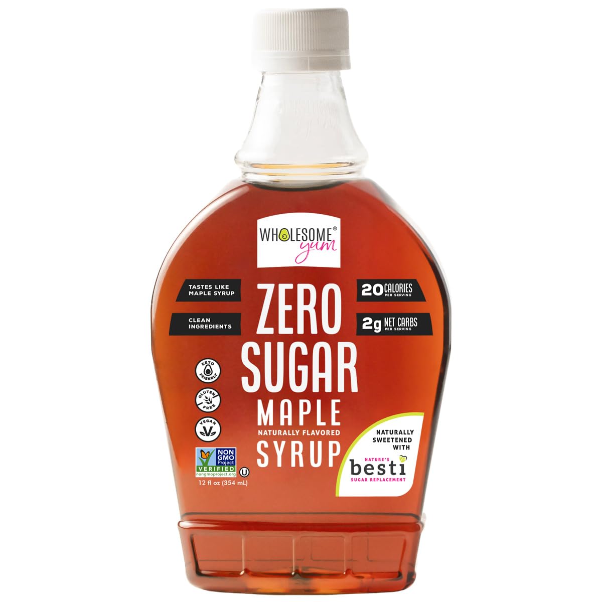 Wholesome Yum Zero Sugar Maple Syrup bottle pour shows keto-friendly maple flavor