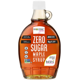 Wholesome Yum Zero Sugar Maple Syrup bottle being poured, keto-friendly sweetness with no aftertaste.
