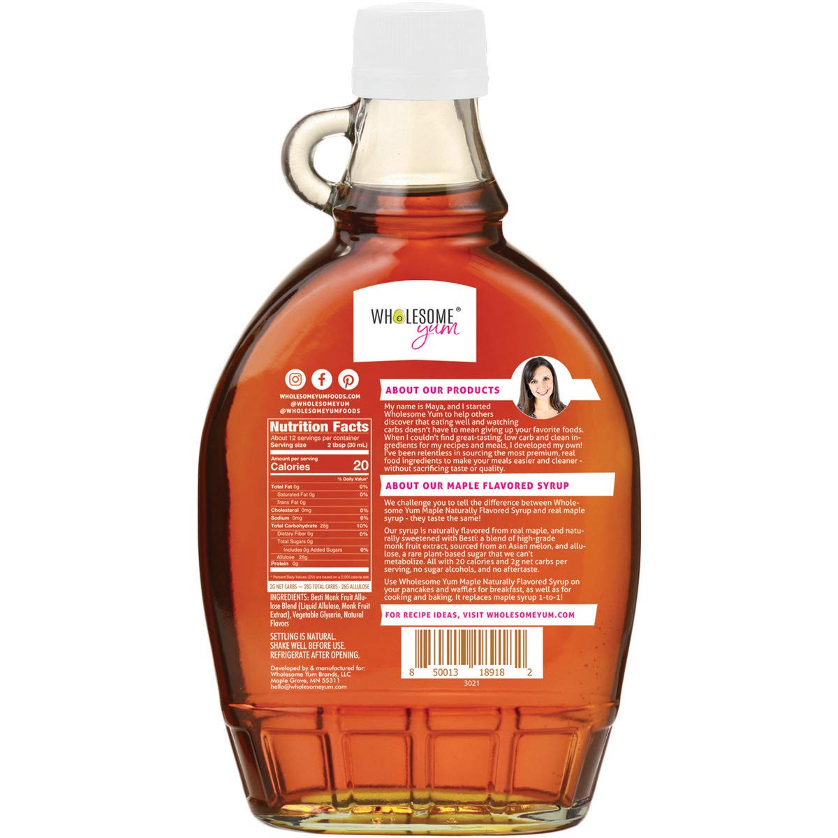 Wholesome Yum Zero Sugar Maple Syrup label close-up showing monk fruit and allulose blend.