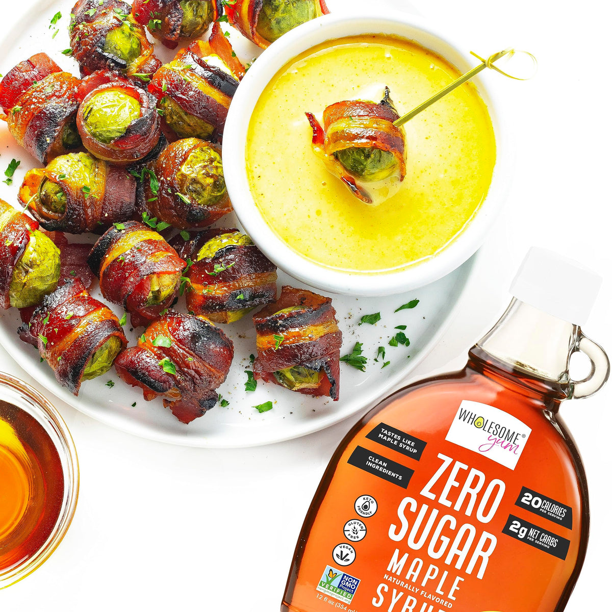 Wholesome Yum Zero Sugar Maple Syrup sticky pour highlights thick, real maple-like texture