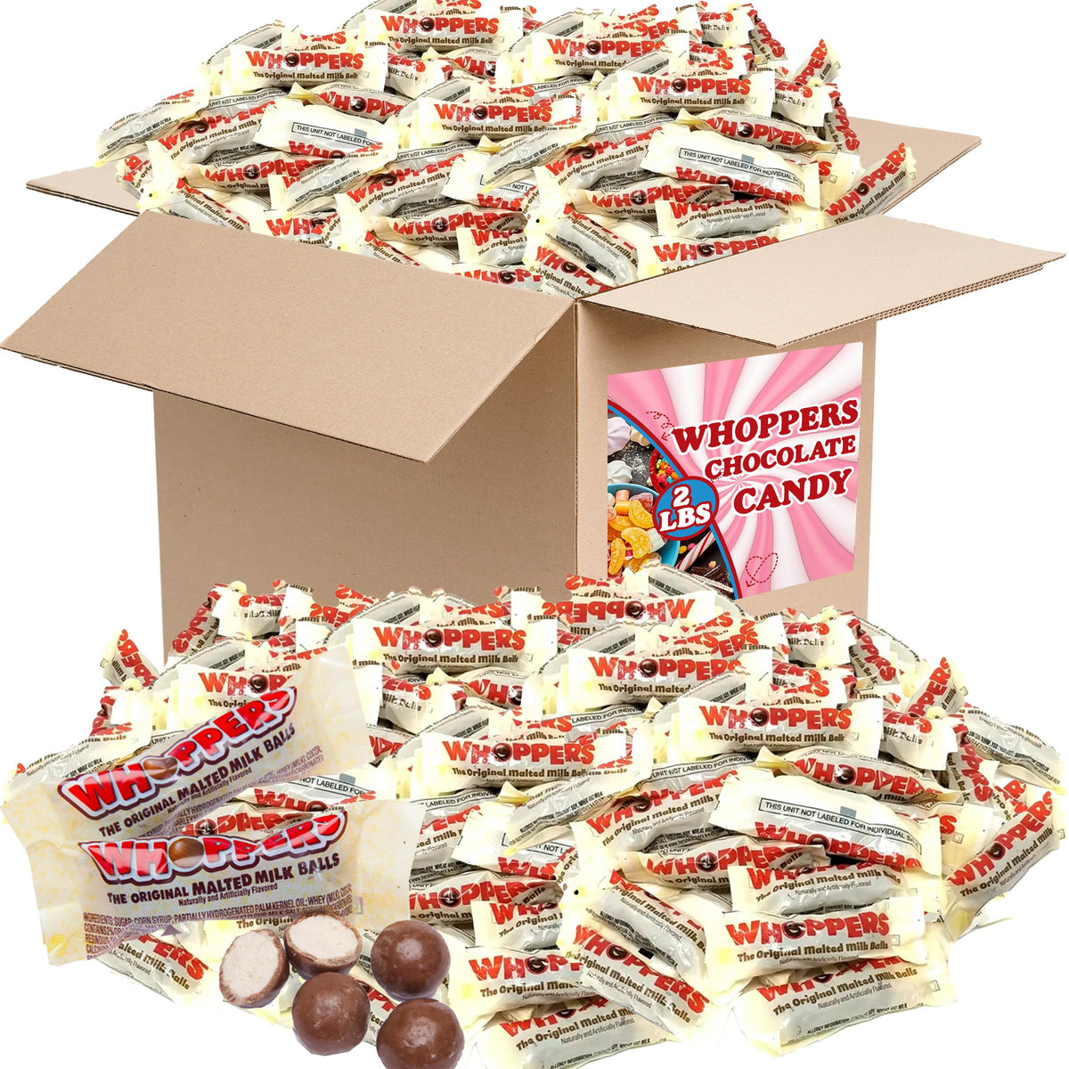 Whoppers bulk 2lb chocolate-covered malted milk balls ready for sharing.