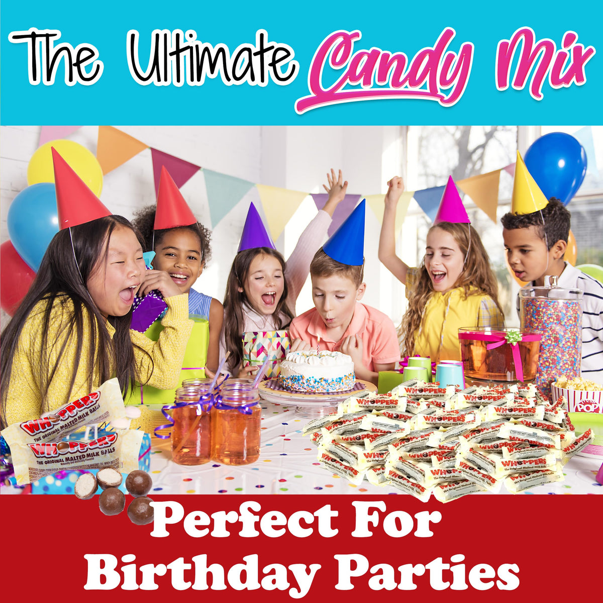 Whoppers party-favors display, crunchy chocolate bites for weddings and events.