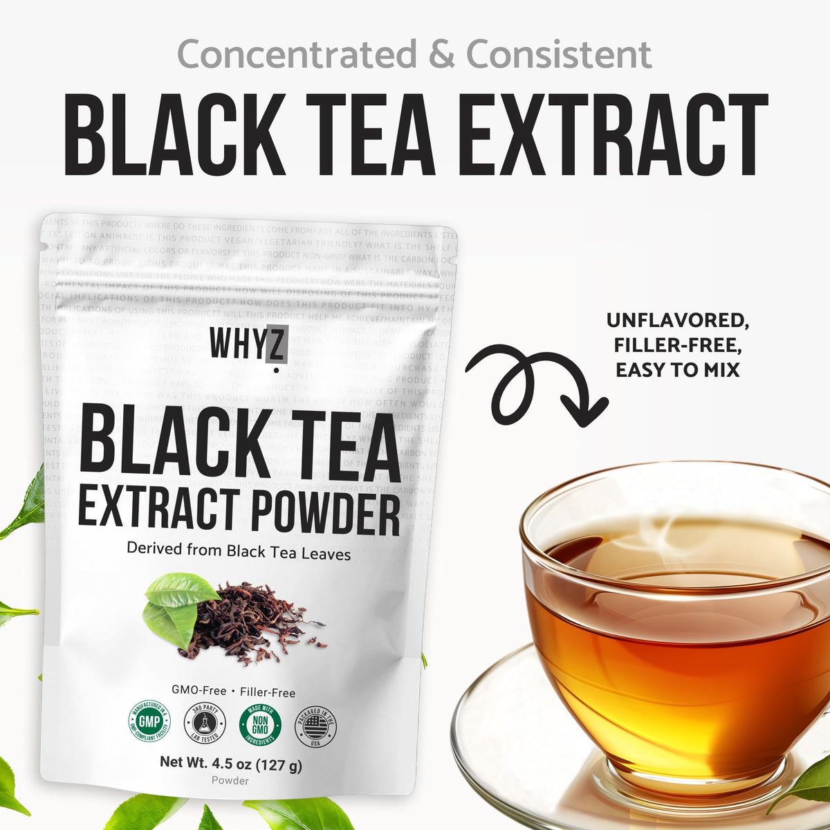Steaming WHYZ tea cup shows warm, comforting hot option.