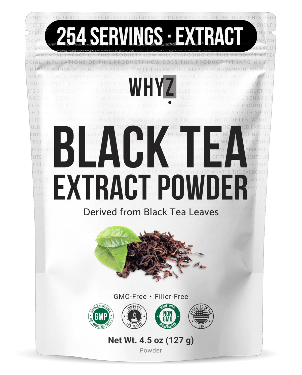 WHYZ Instant Black Tea Powder packaging showing bold flavor promise for daily energy.