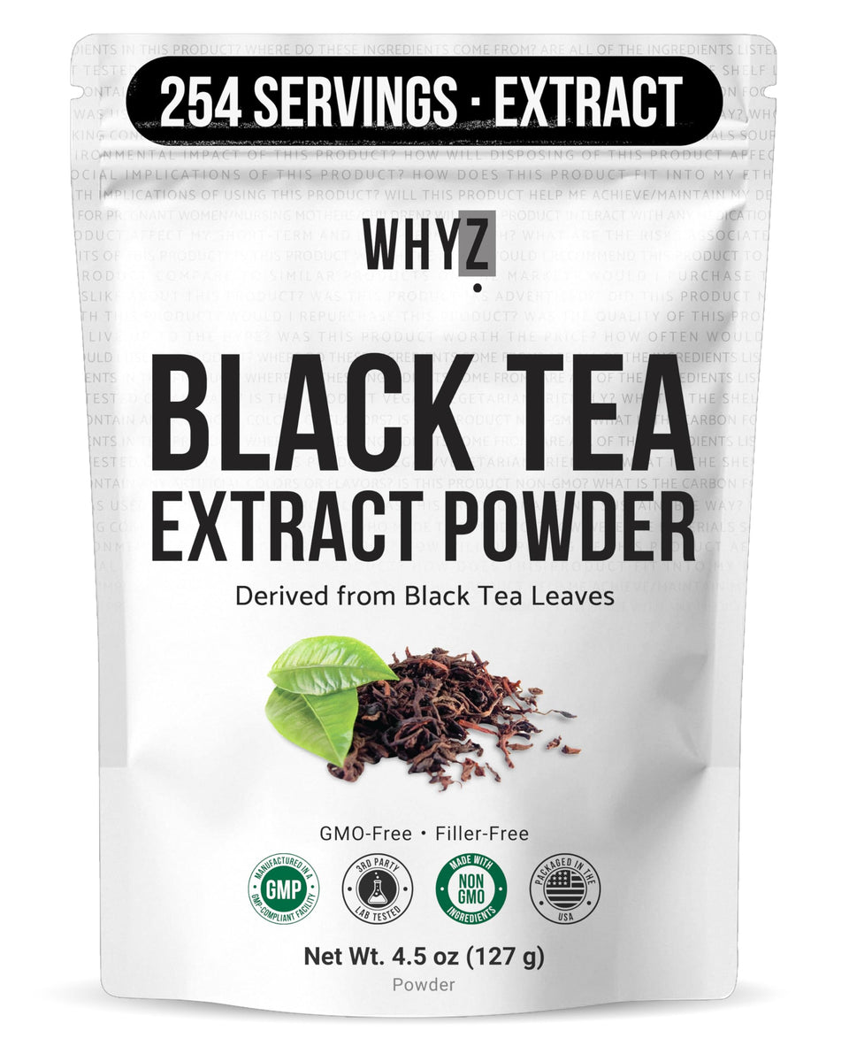 WHYZ Instant Black Tea Powder packaging showing bold flavor promise for daily energy.