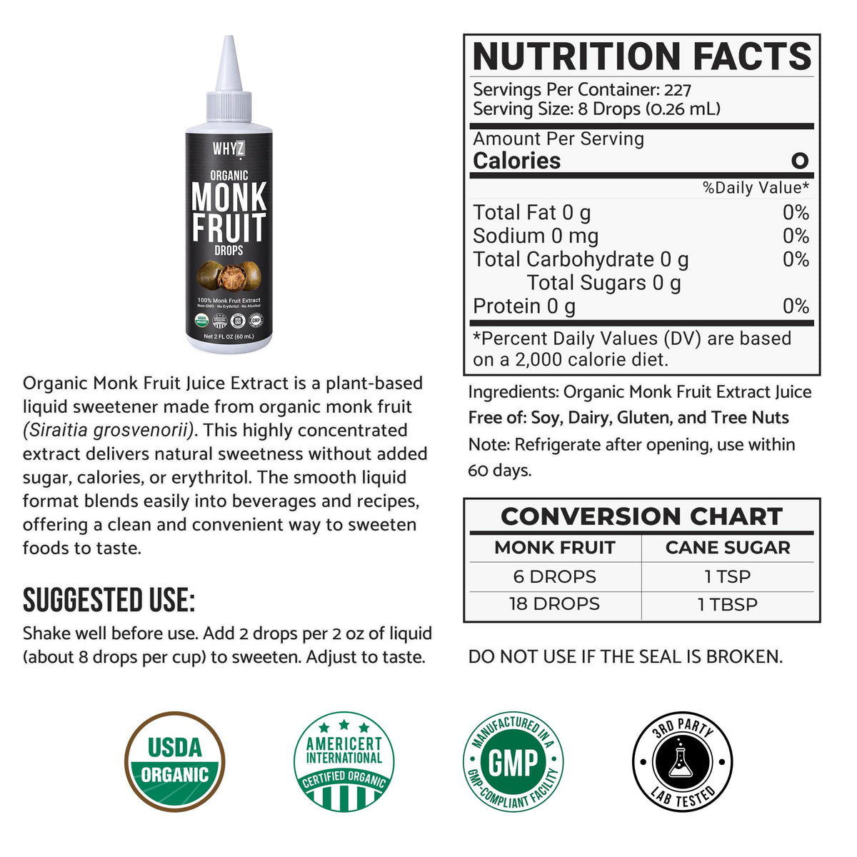 WHYZ monk fruit liquid drops pour tip enables precise dosing for coffee and tea.