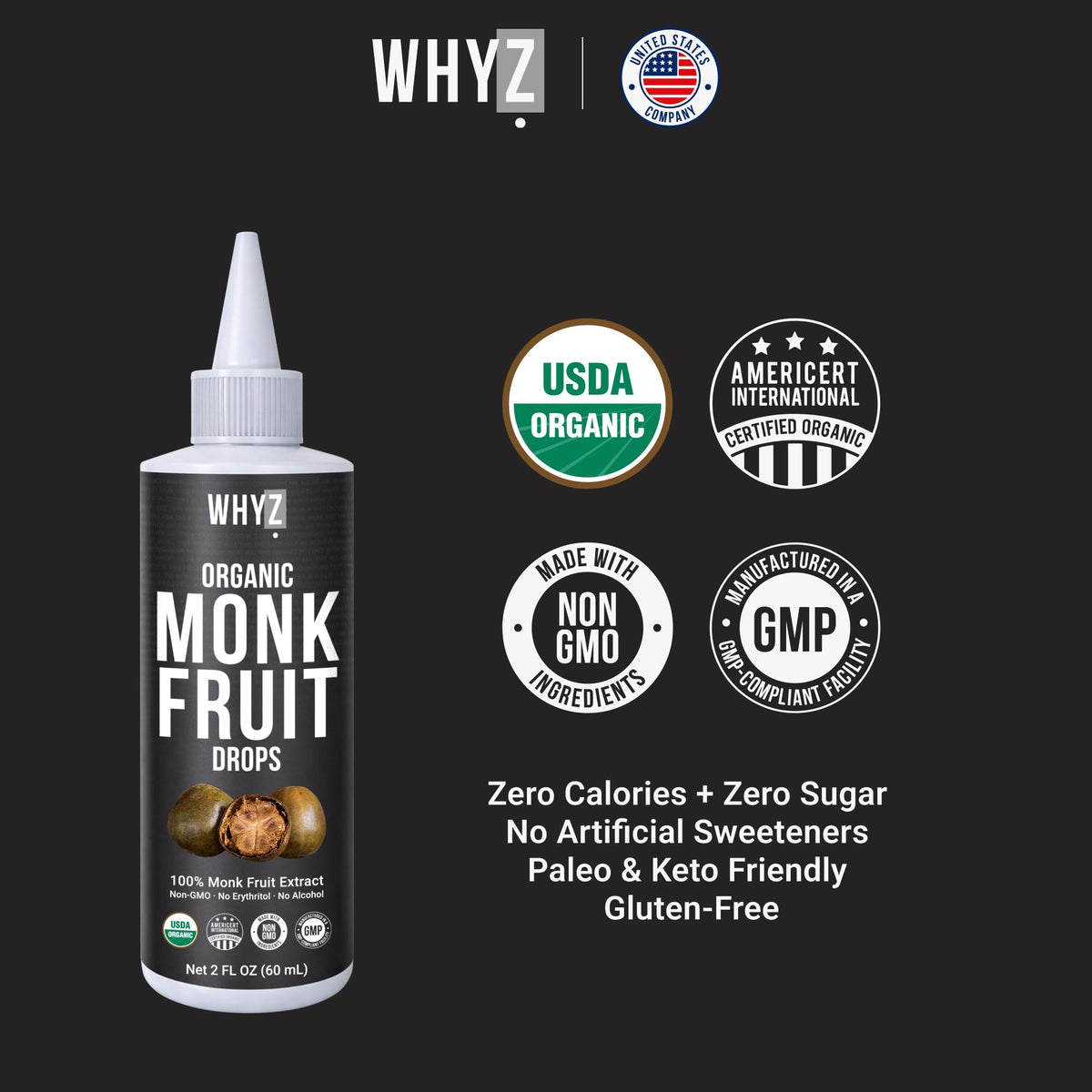 WHYZ organic monk fruit liquid drops packaging highlights pure extract with no additives.