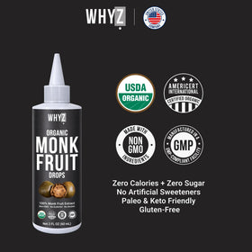 WHYZ organic monk fruit liquid drops packaging highlights pure extract with no additives.