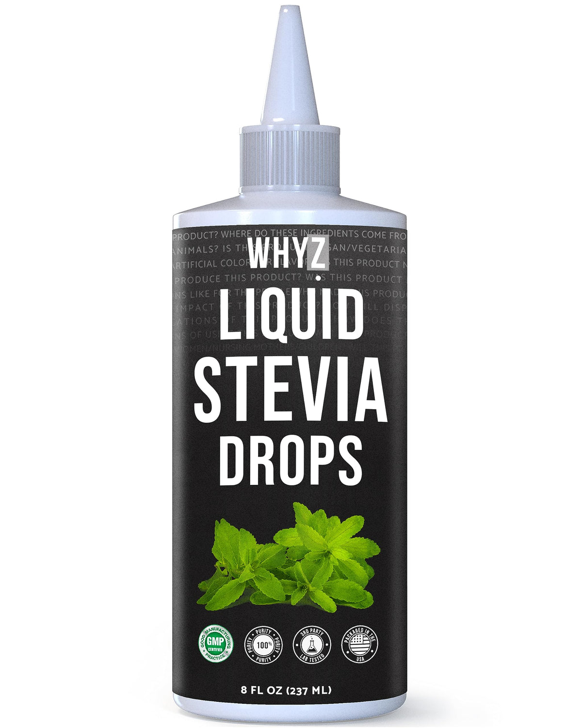 WHYZ Stevia Liquid Drops bottle close-up offering zero-calorie, plant-based sweetness.