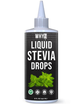 WHYZ Stevia Liquid Drops bottle close-up offering zero-calorie, plant-based sweetness.
