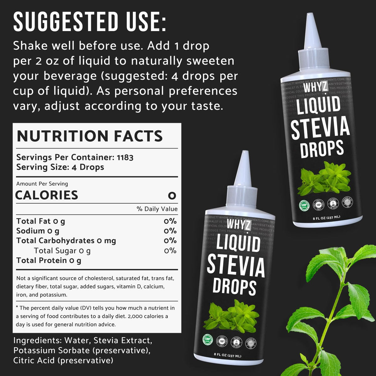 Dispensing WHYZ Stevia Liquid Drops from a dropper for precise sweetening.