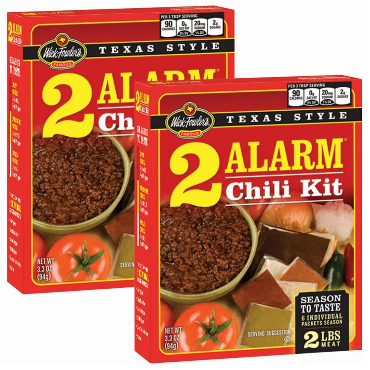 Wick Fowler's 2-Alarm Chili Kit seasoning packets laid out for customizable heat.
