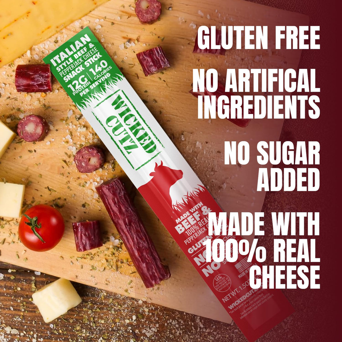 Wicked Cutz 12g protein beef stick closeup highlights juicy texture and cheese.