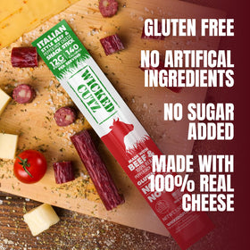 Wicked Cutz 12g protein beef stick closeup highlights juicy texture and cheese.