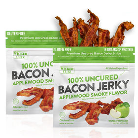 Wicked Cutz Applewood Smoked Bacon Jerky bag close-up, high-protein on-the-go snack.