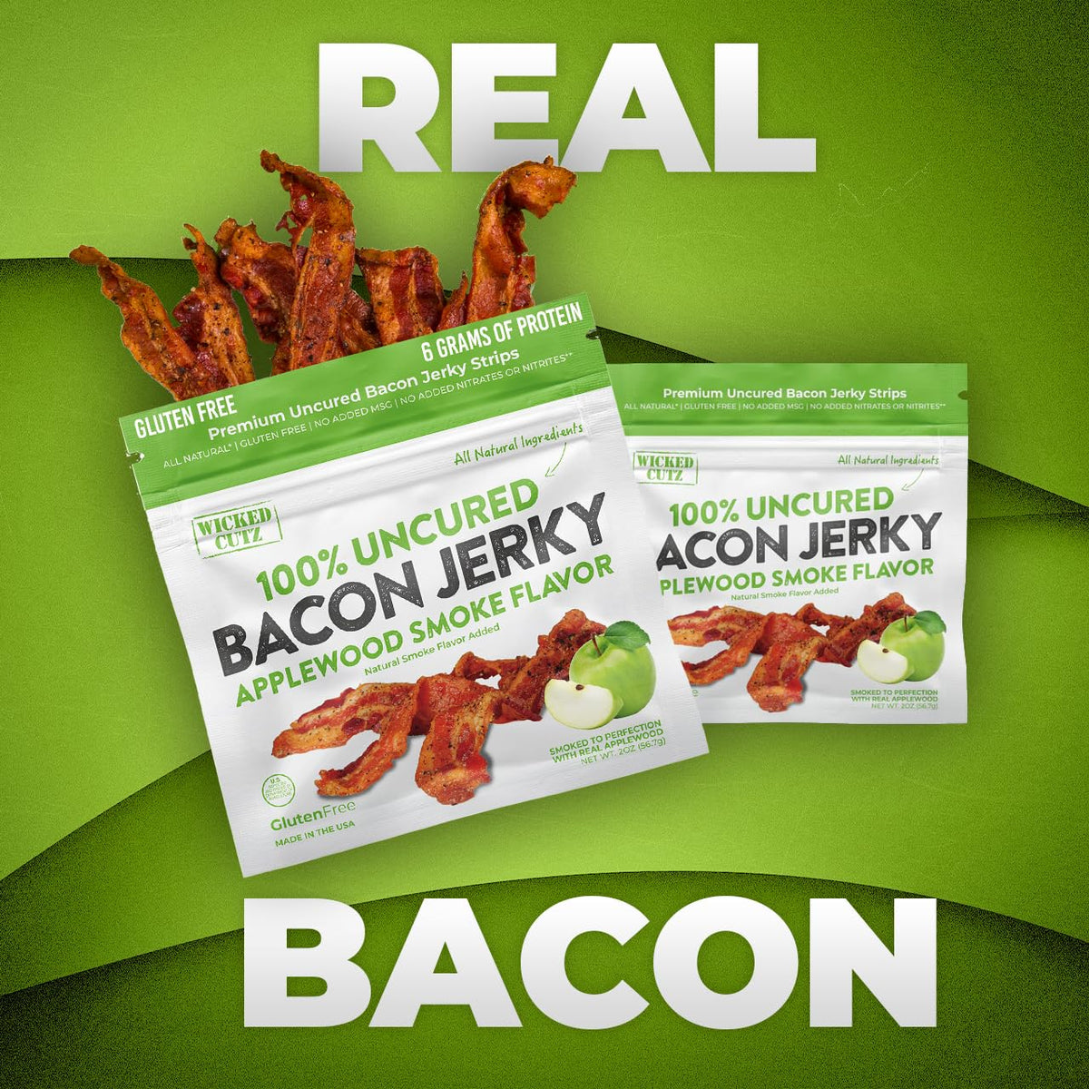 Wicked Cutz Applewood Bacon Jerky slices on tray, fully cooked and tender.