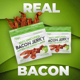 Wicked Cutz Applewood Bacon Jerky slices on tray, fully cooked and tender.