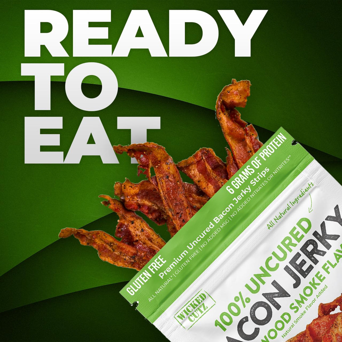 Wicked Cutz Bacon Jerky texture close-up, tender and juicy bite.