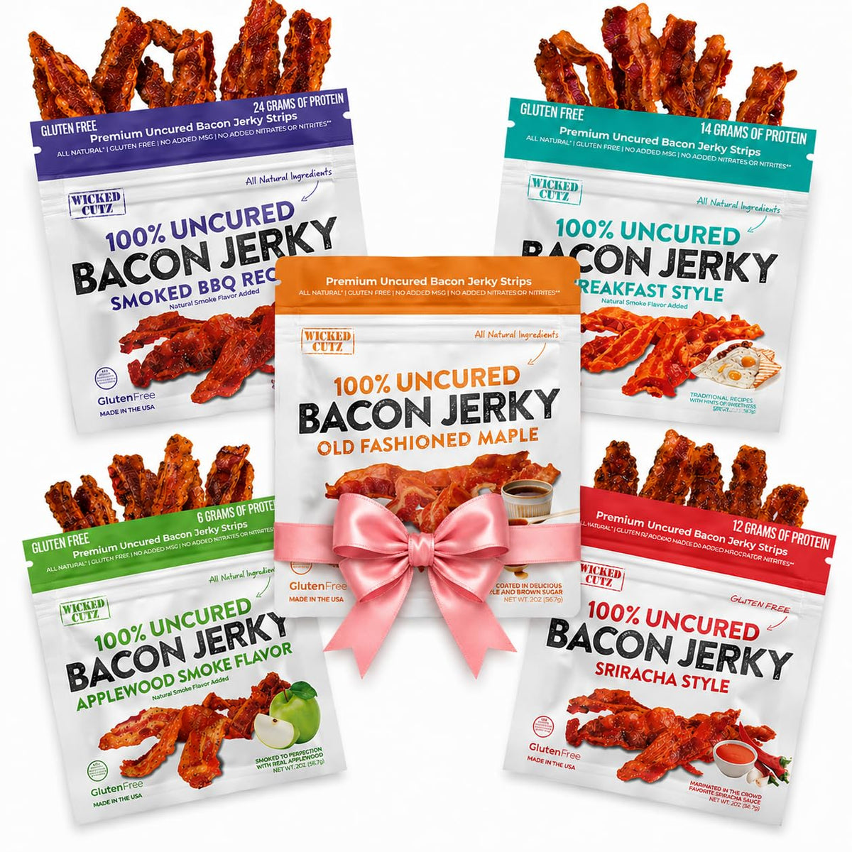 Wicked Cutz Bacon Jerky Variety Pack flavors shown, bold snacking options.