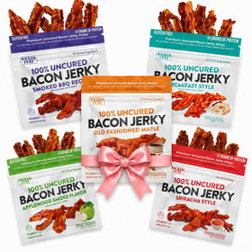 Wicked Cutz Bacon Jerky Variety Pack flavors shown, bold snacking options.