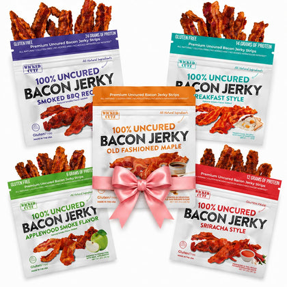 Wicked Cutz Bacon Jerky Variety Pack flavors shown, bold snacking options.