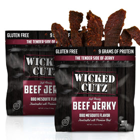 Wicked Cutz BBQ Mesquite Beef Jerky bag front with USA-made label and protein claim