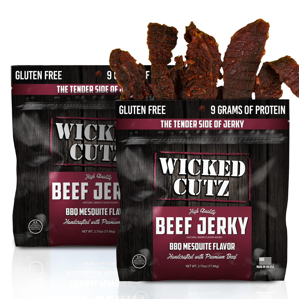 Wicked Cutz BBQ Mesquite Beef Jerky bag front with USA-made label and protein claim