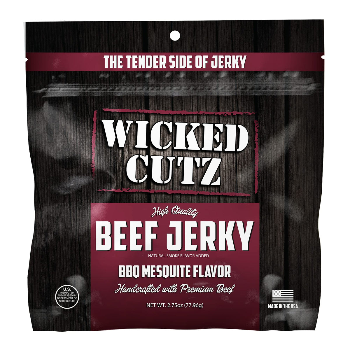 USA-made label visible on Wicked Cutz BBQ Mesquite Beef Jerky bag