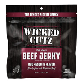 USA-made label visible on Wicked Cutz BBQ Mesquite Beef Jerky bag