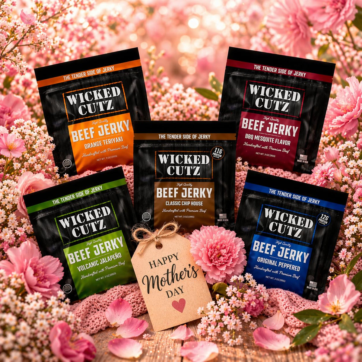 Wicked Cutz beef jerky BBQ Mesquite bag shows bold taste and sustained energy.