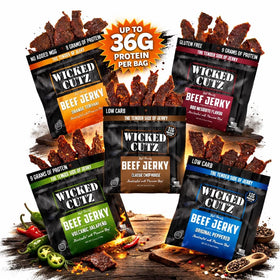 Wicked Cutz beef jerky chop-house-style bag conveys premium tenderness and satisfying protein.