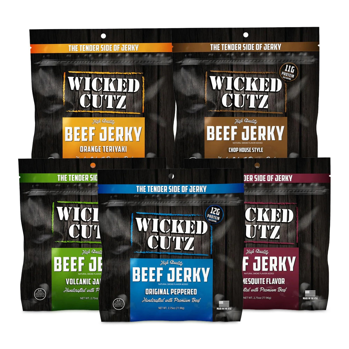 Wicked Cutz beef jerky on-the-go bag shows convenient protein for workouts and office breaks.