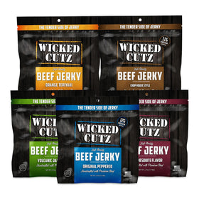 Wicked Cutz beef jerky on-the-go bag shows convenient protein for workouts and office breaks.
