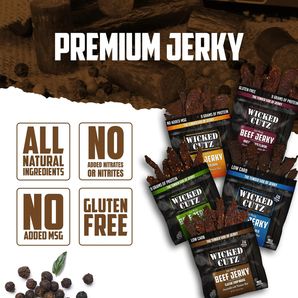 Wicked Cutz beef jerky original-peppered bag delivers classic flavor and keto-friendly protein.