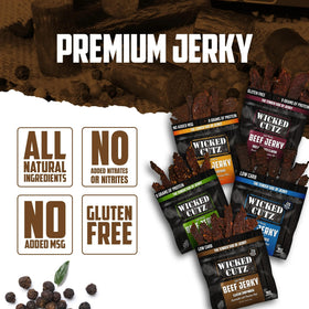 Wicked Cutz beef jerky original-peppered bag delivers classic flavor and keto-friendly protein.