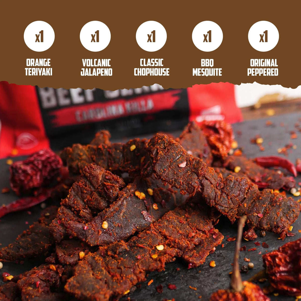 Wicked Cutz beef jerky variety-pack packaging image highlights versatile snacks for travel.