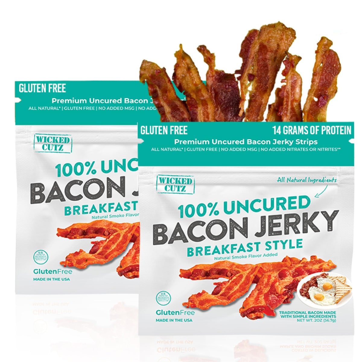 Wicked Cutz Breakfast Style Bacon Jerky pack offers savory, protein-rich option for quick meals.