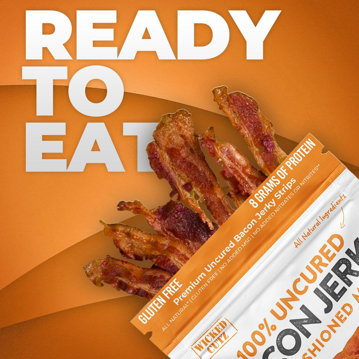 Wicked Cutz Breakfast Style bacon jerky close-up, protein-rich morning bite.