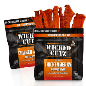 Wicked Cutz Buffalo Chicken Jerky bag shown for on-the-go protein snack