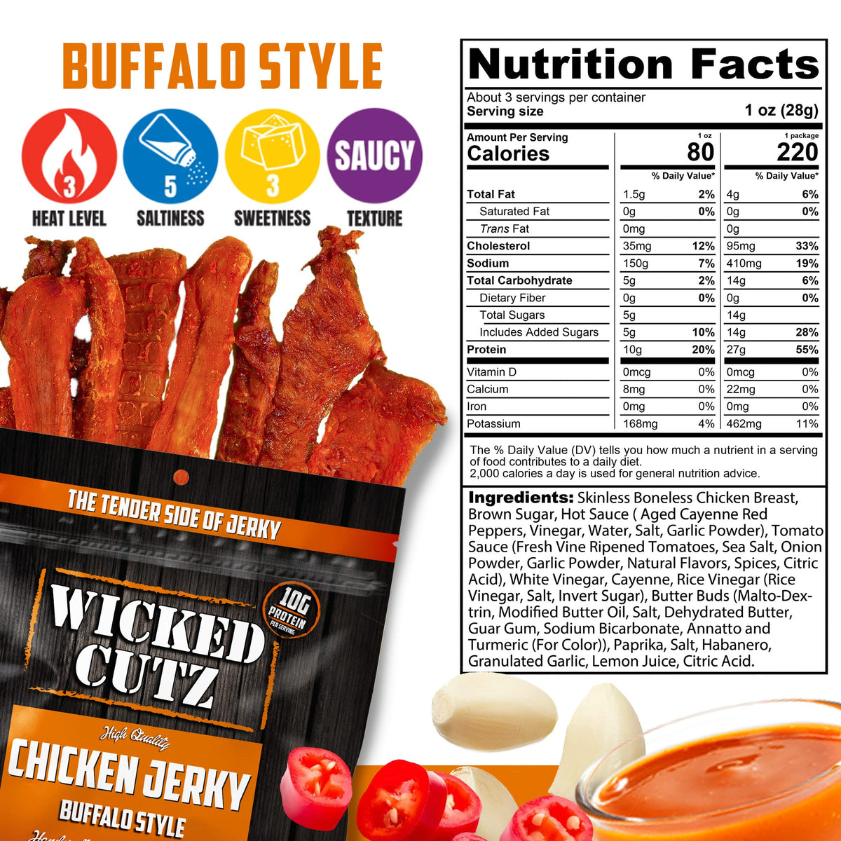 Wicked Cutz Buffalo Chicken Jerky close-up texture highlights tender chew